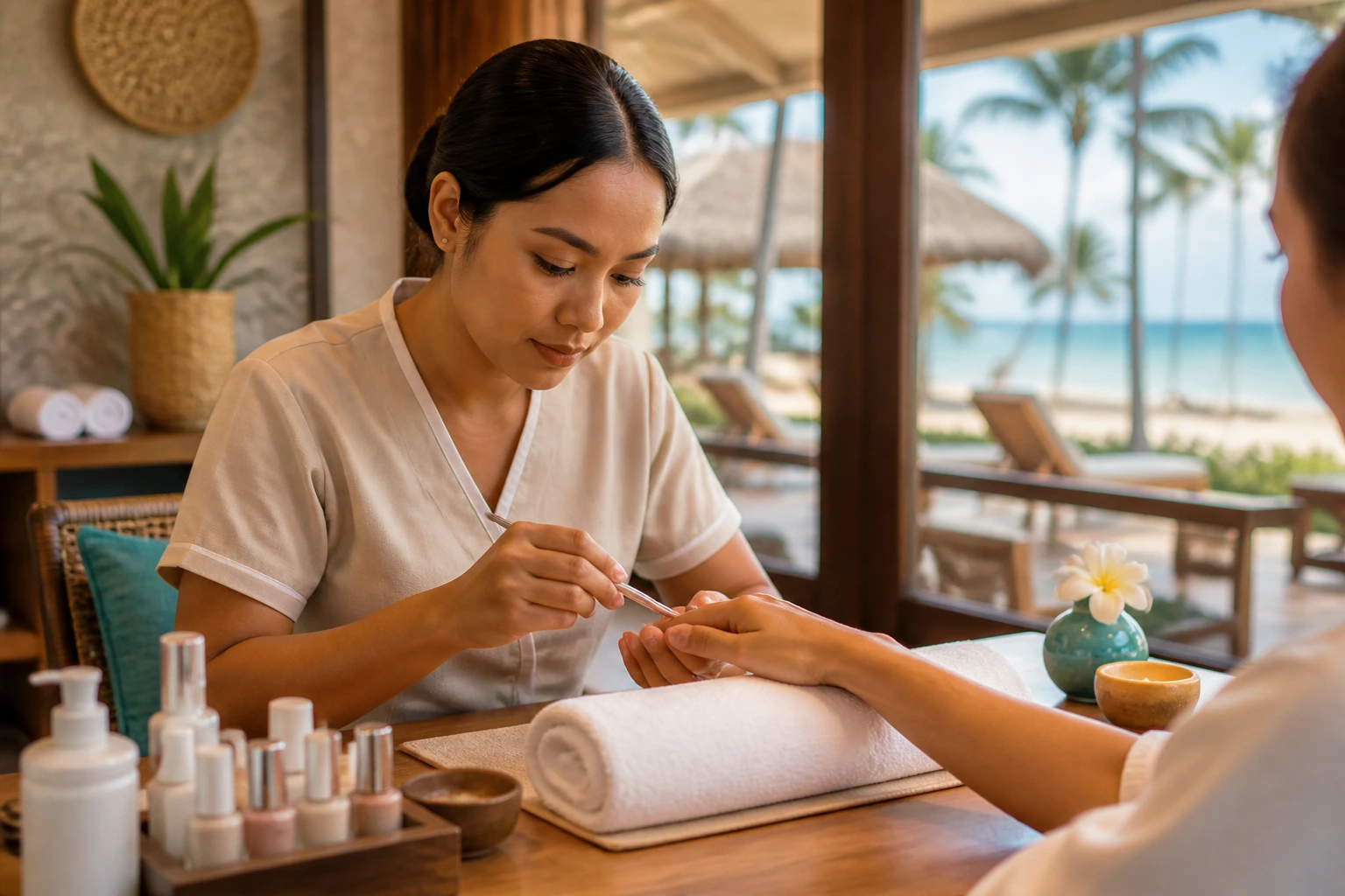 Nail technician performing manicure at resort spa, illustrating H-2B opportunities.