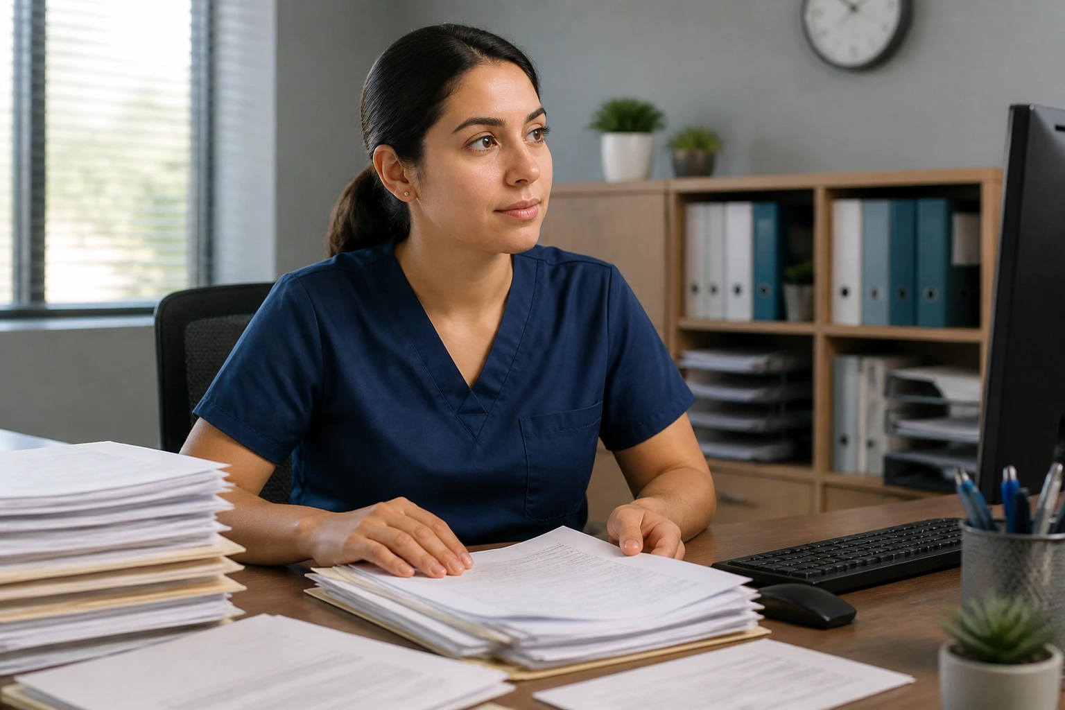 Medical assistant at a desk reviewing visa paperwork paths in a clinic setting