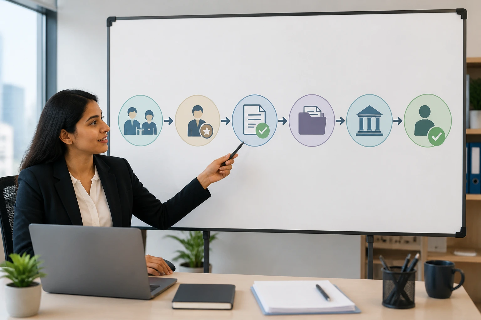 Professional mapping H-1B filing steps on a whiteboard in an office.