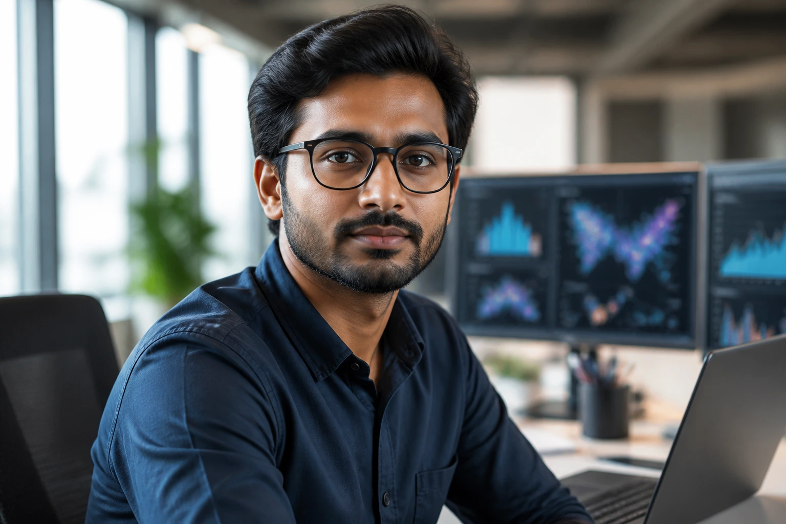 Close-up portrait of a data scientist in a modern office, calm expression, natural window light.