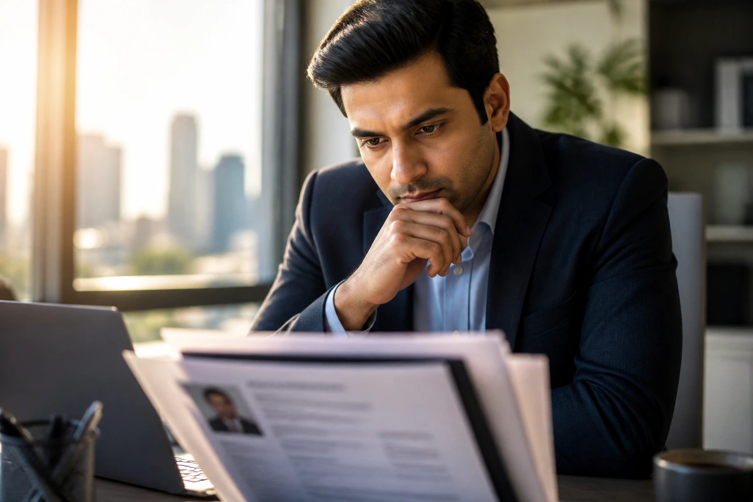 Close-up portrait of a professional in an office considering immigration documents for H-1B sponsorship