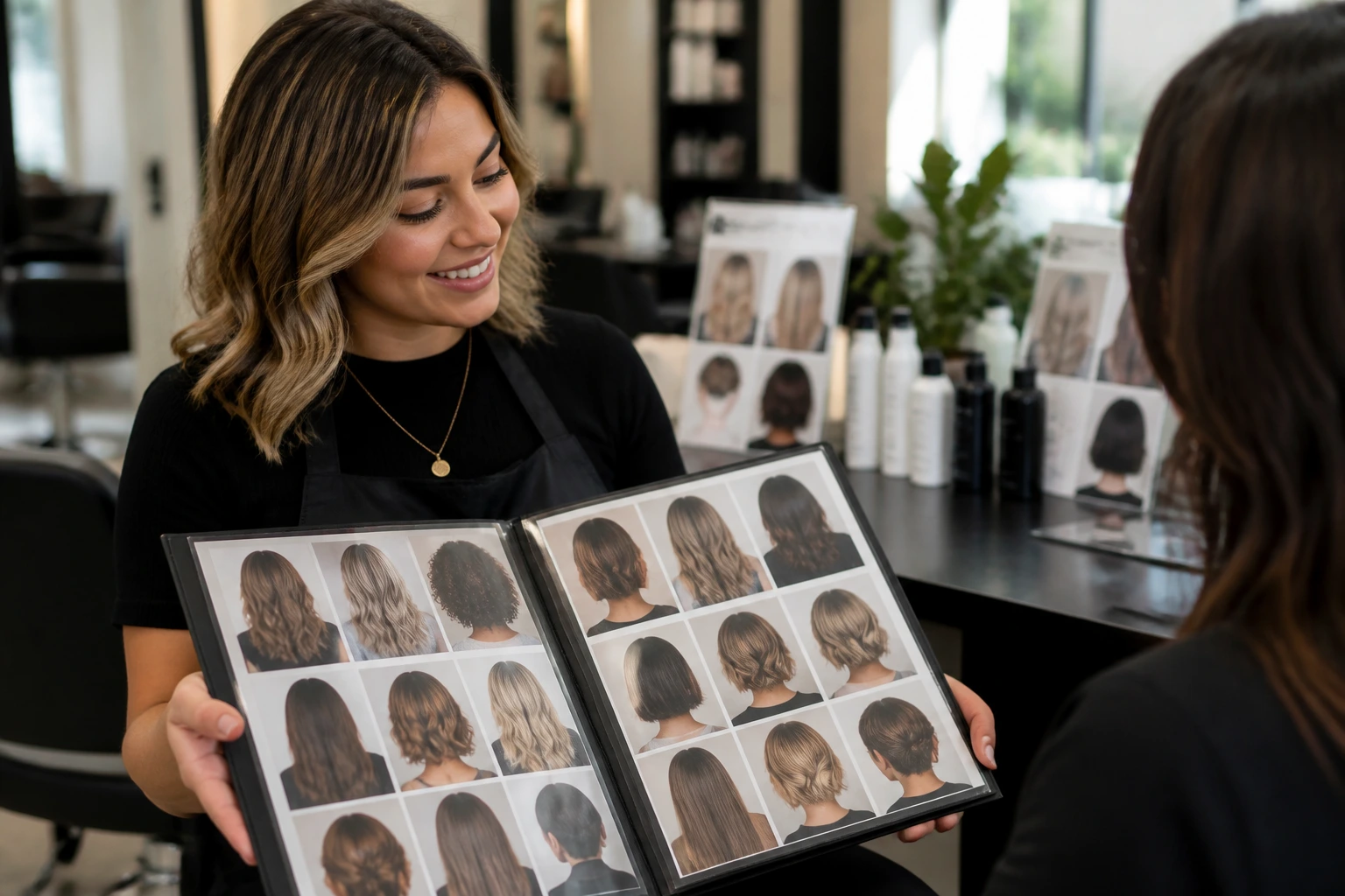Hairstylist with open portfolio showing work samples in a bright salon
