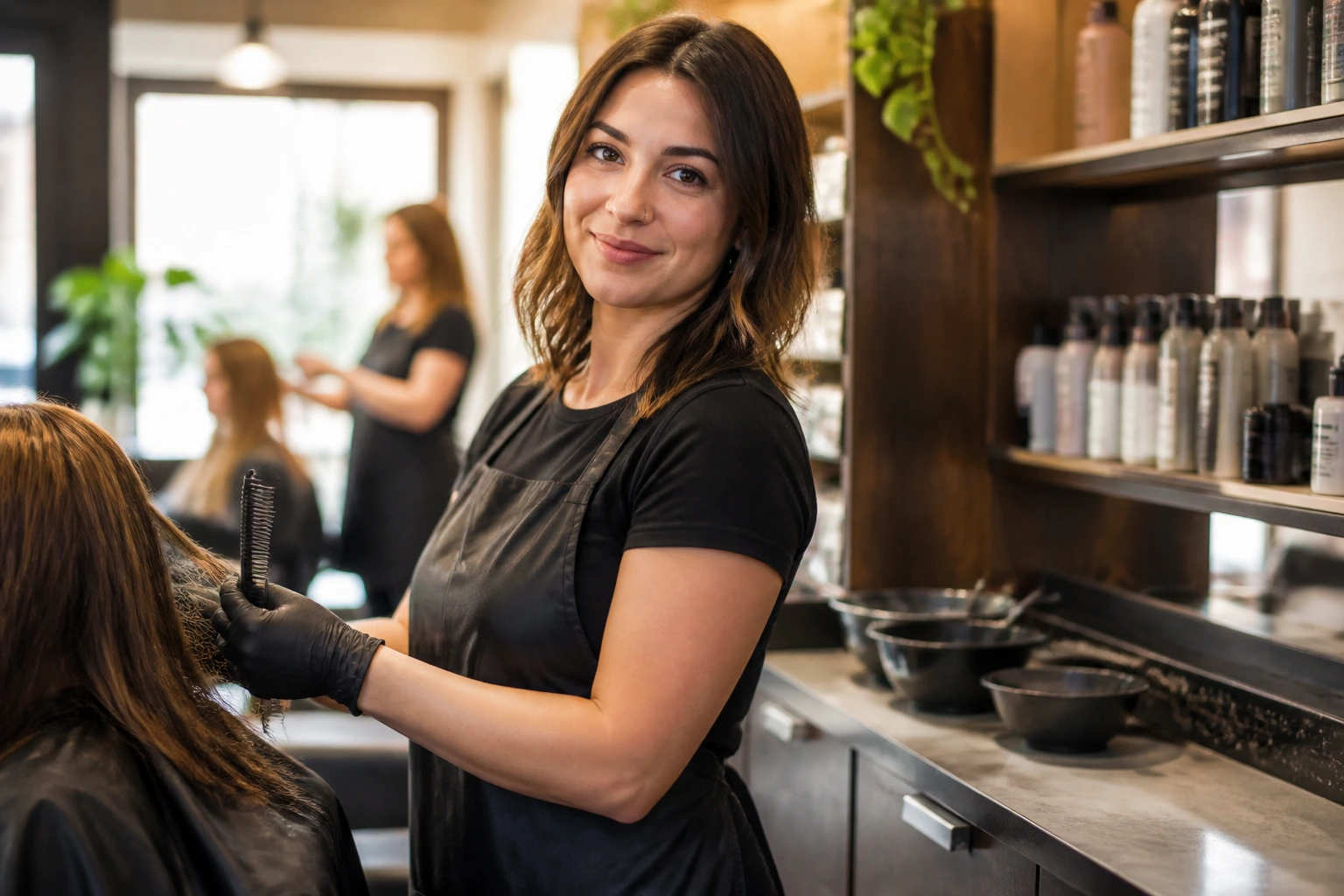 Portrait of a real hairstylist at a salon station, mid-shot, in a calm Canadian salon setting