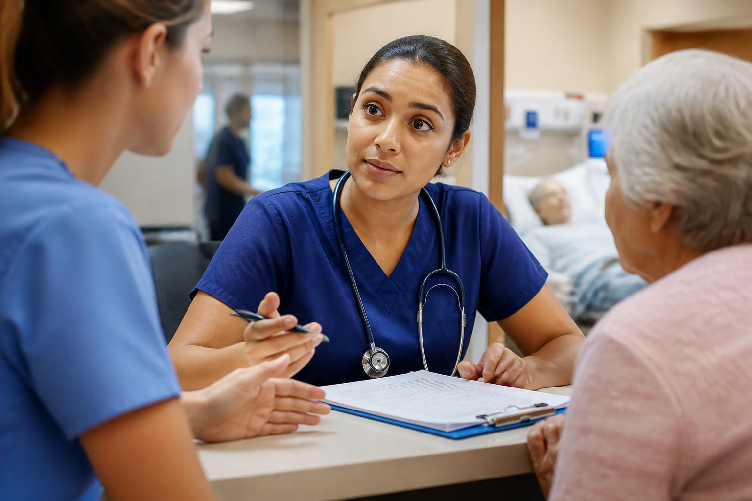 Close-up of nurse during handover emphasizing clear communication in hospital ward