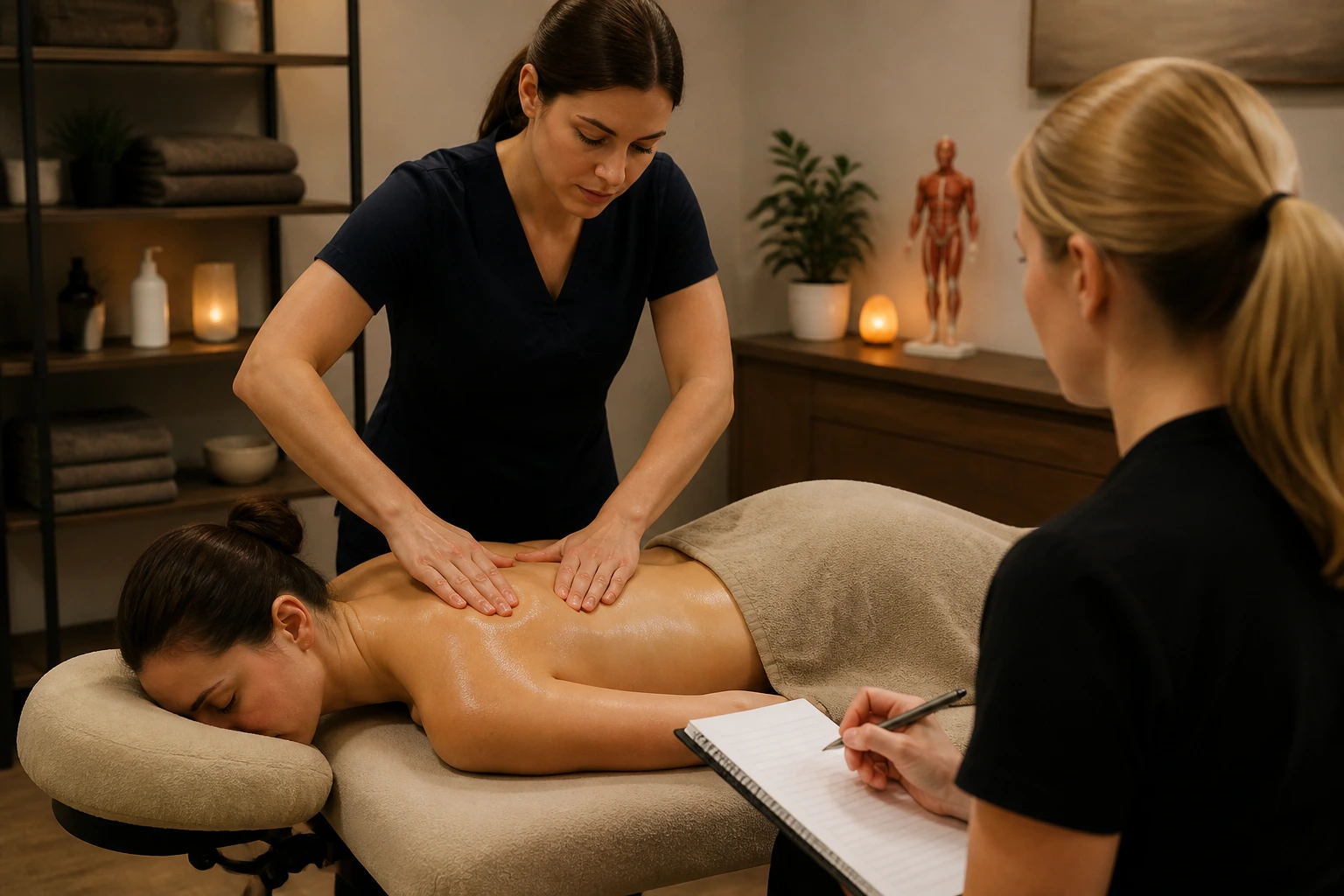 Therapist performing hands-on test during practical interview in clinic