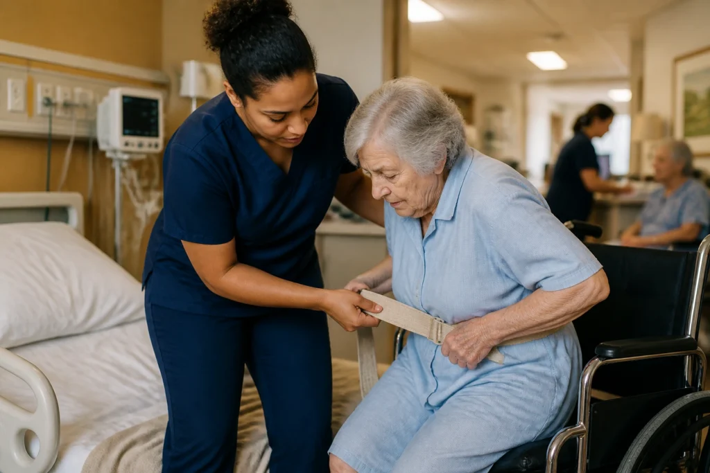 CNA in scrubs assisting a resident with a gait belt on a nursing floor