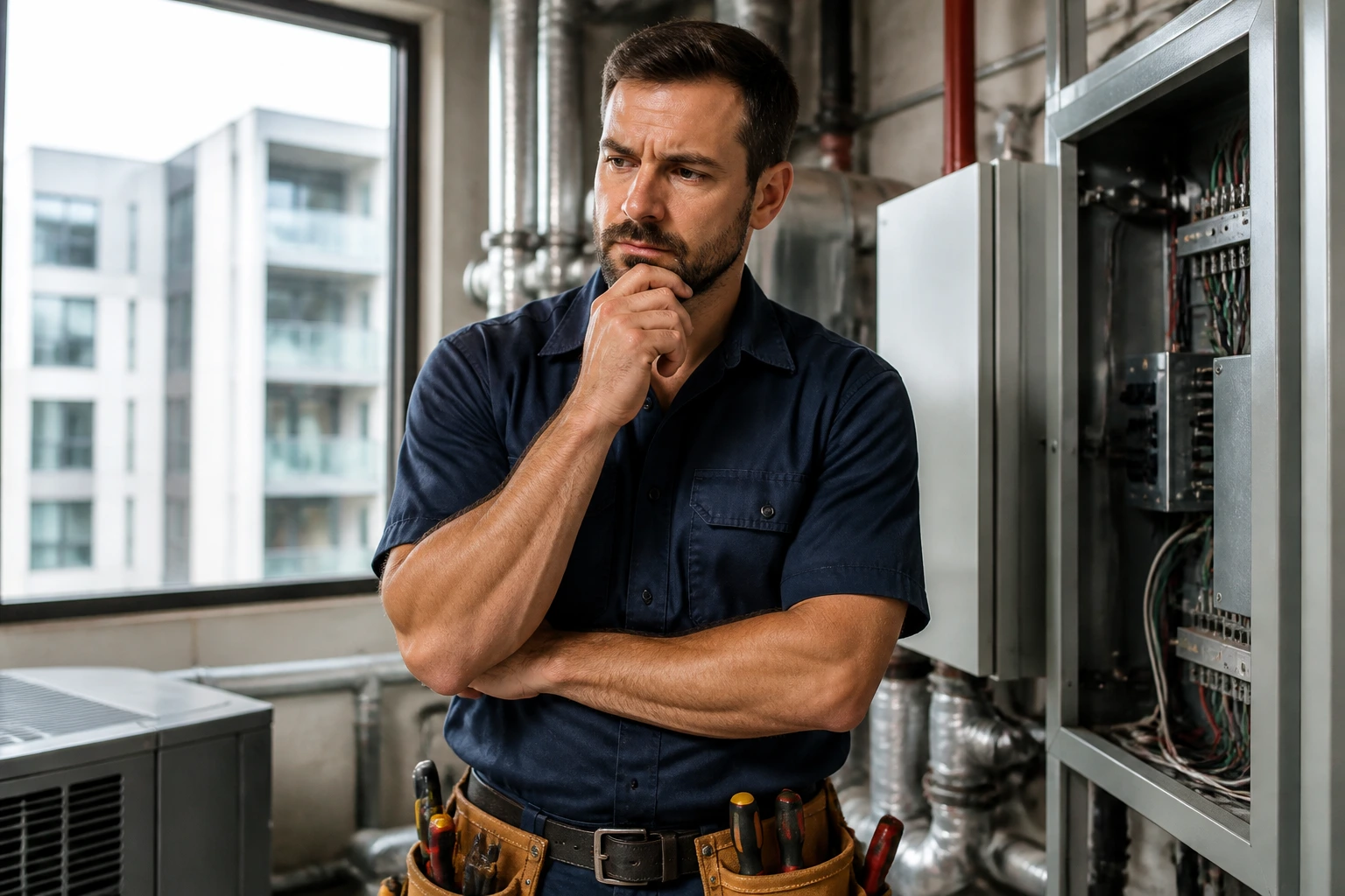 Maintenance worker in work shirt with tool belt in building service area