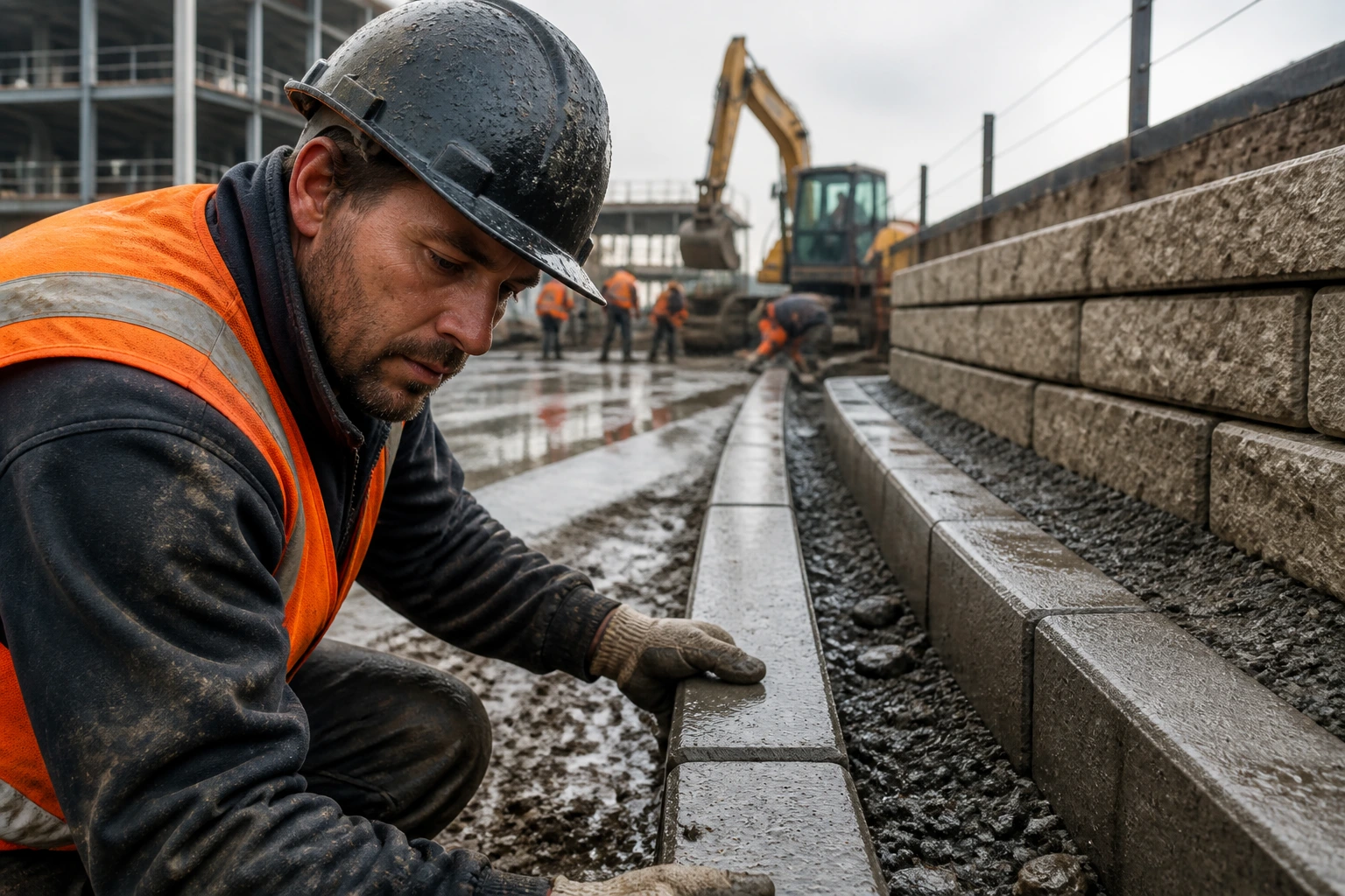 Hard landscaper on a commercial site with kerbs and retaining wall under construction