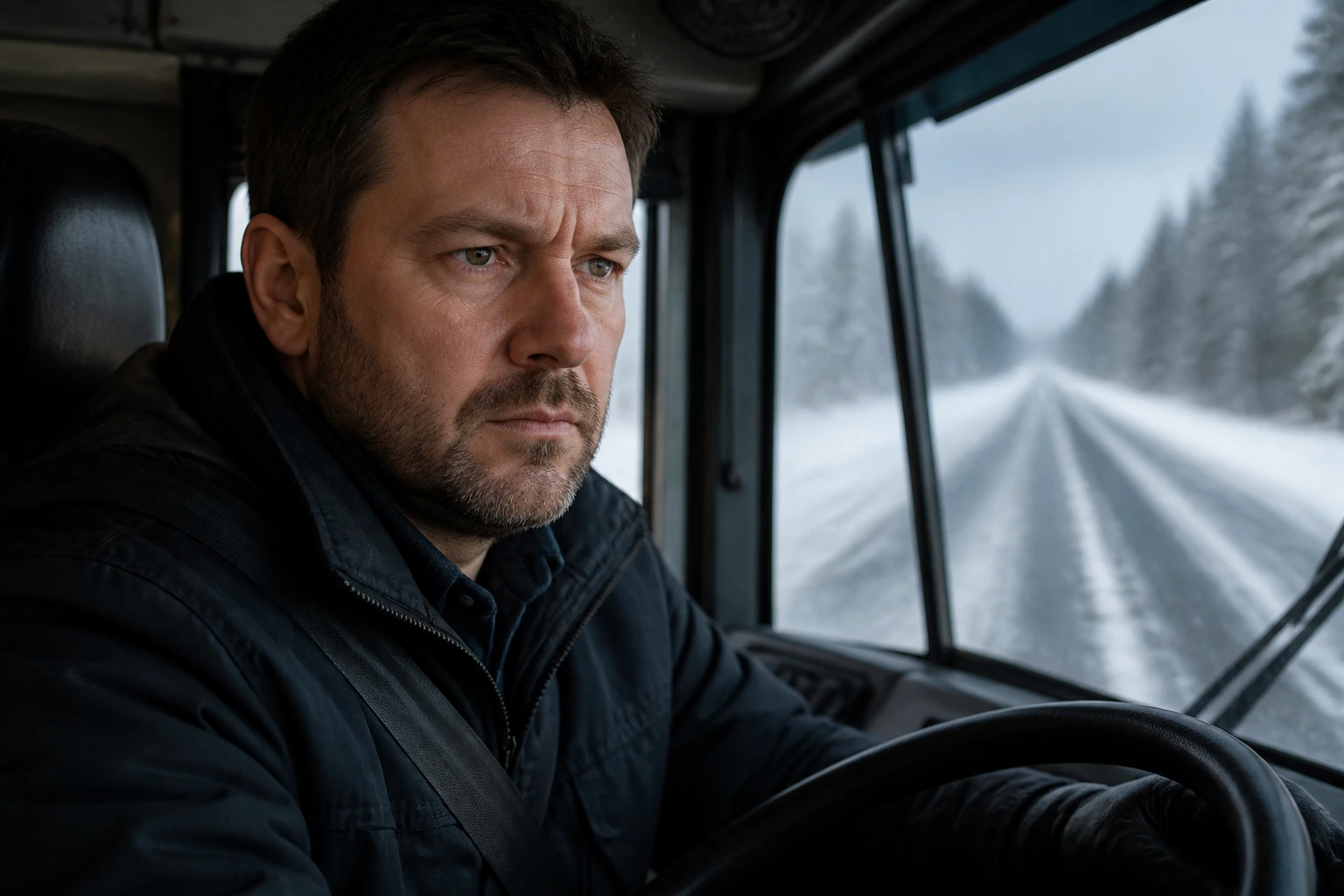 Bus driver concentrating at wheel with icy road visible outside windshield