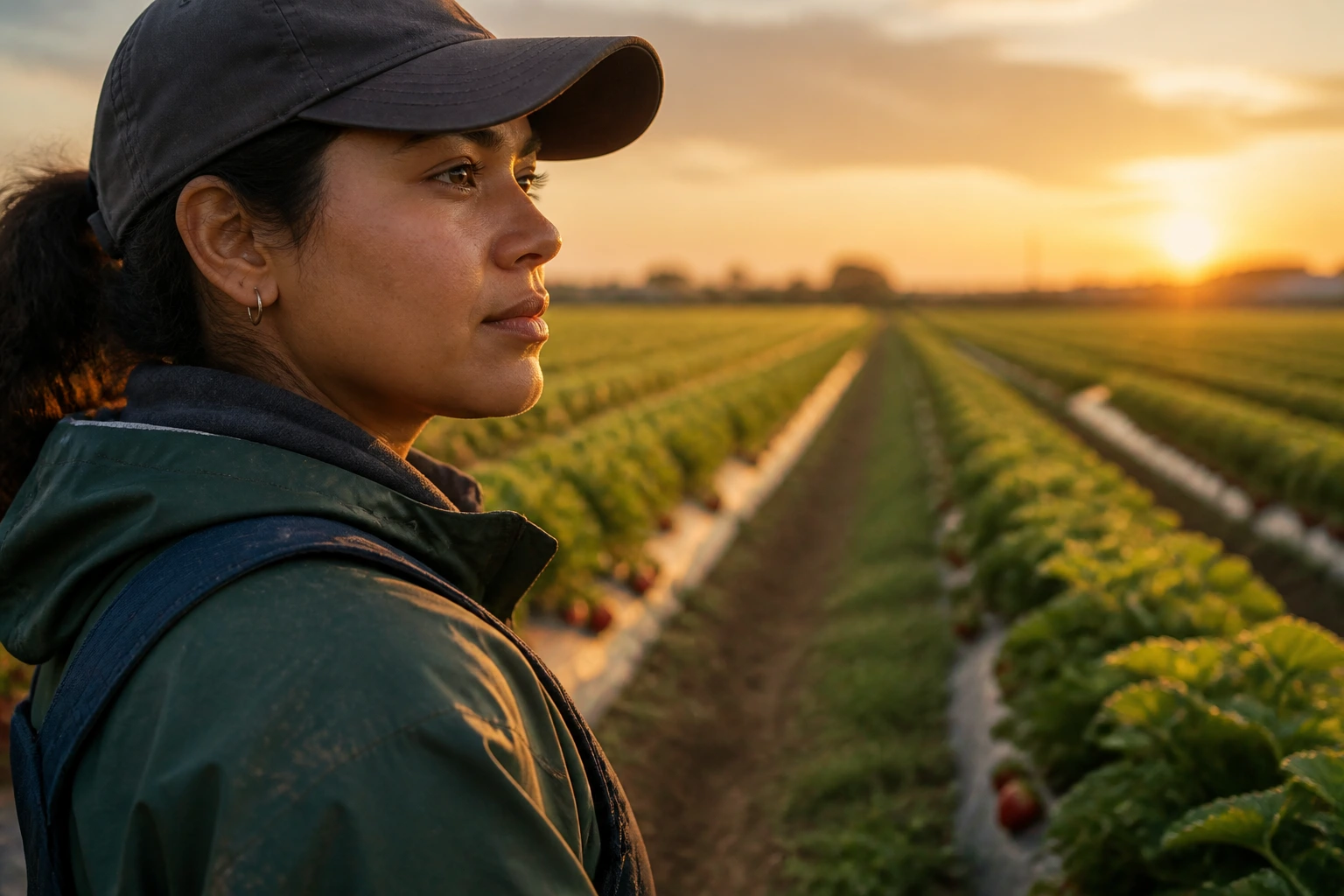 Worker in field at golden hour looking toward harvest