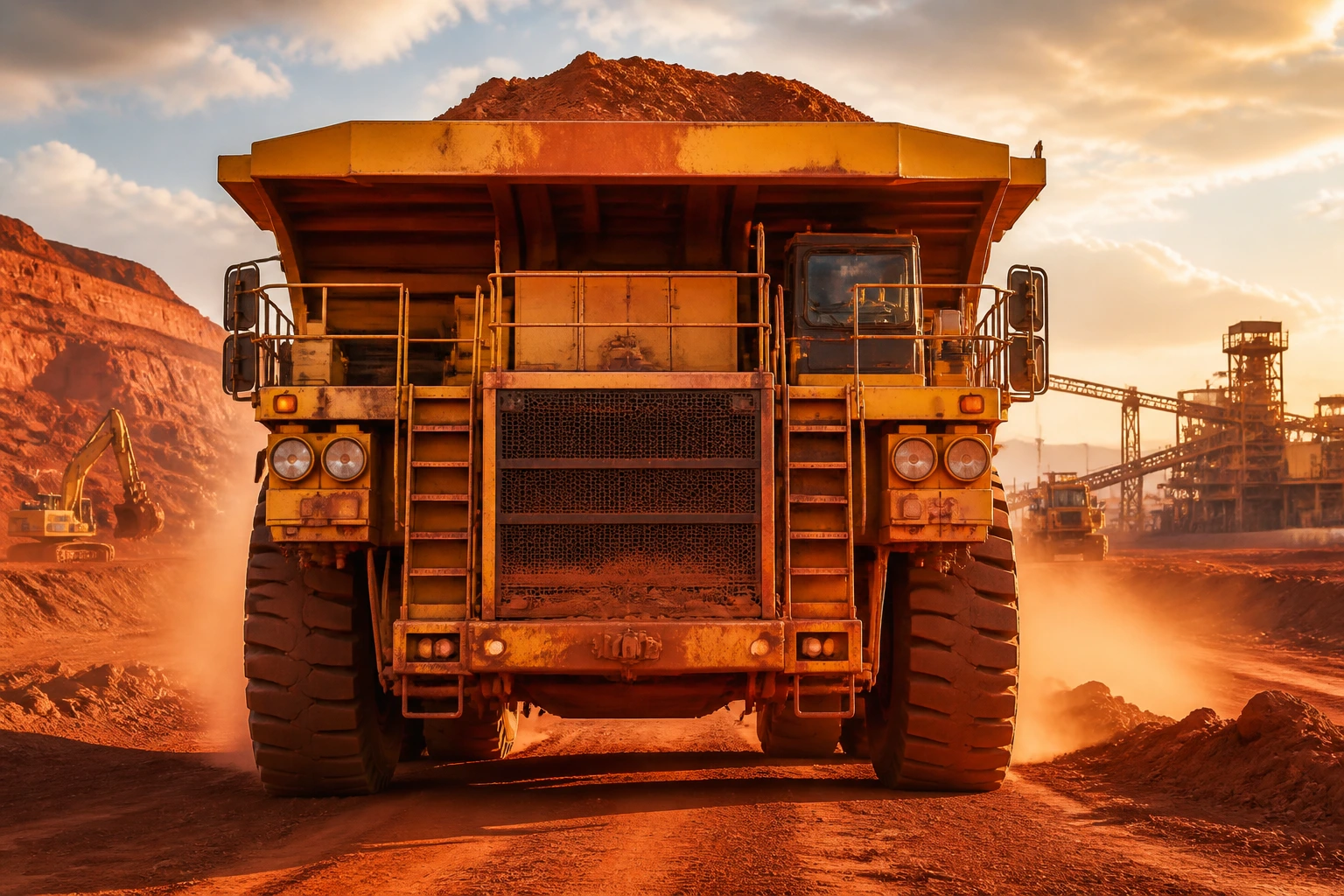Close-up of a massive haul truck at an Australian mining site with red earth and distant infrastructure