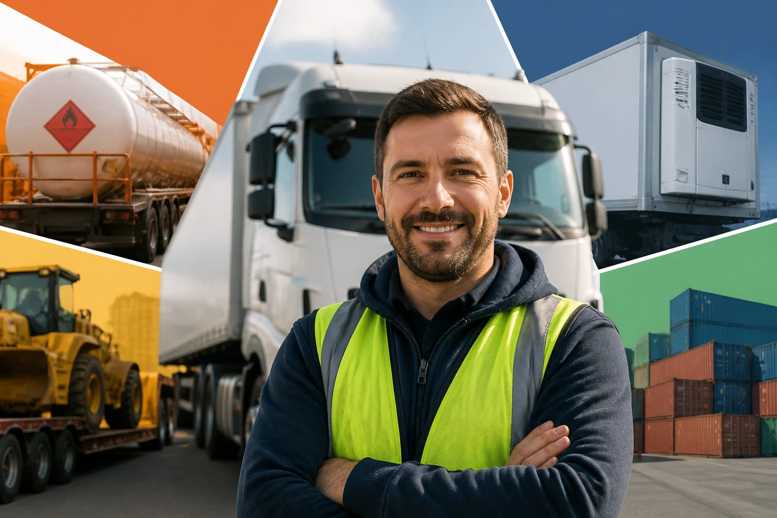 Truck driver in front of a truck with abstract color blocks behind representing haulage sectors