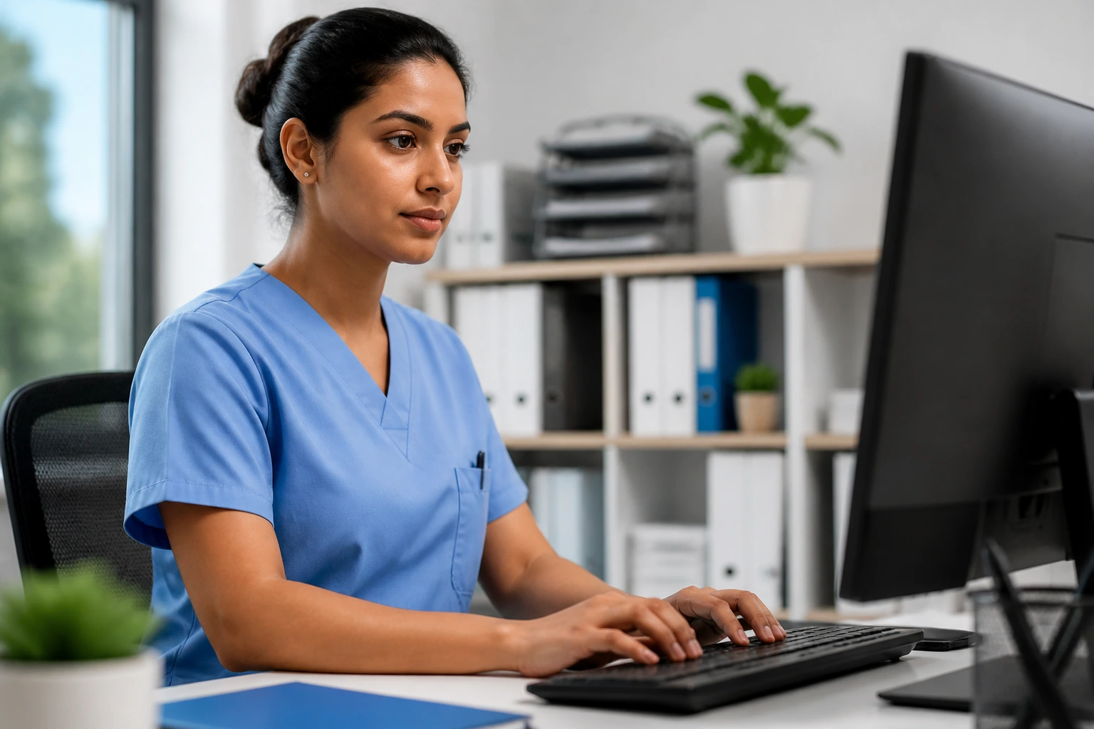Healthcare worker at a computer searching for sponsored HCA vacancies.