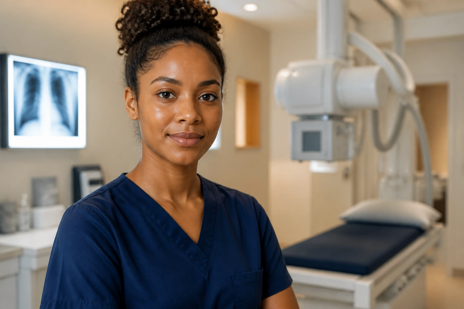 Radiographer with confident expression in a clinical radiology setting