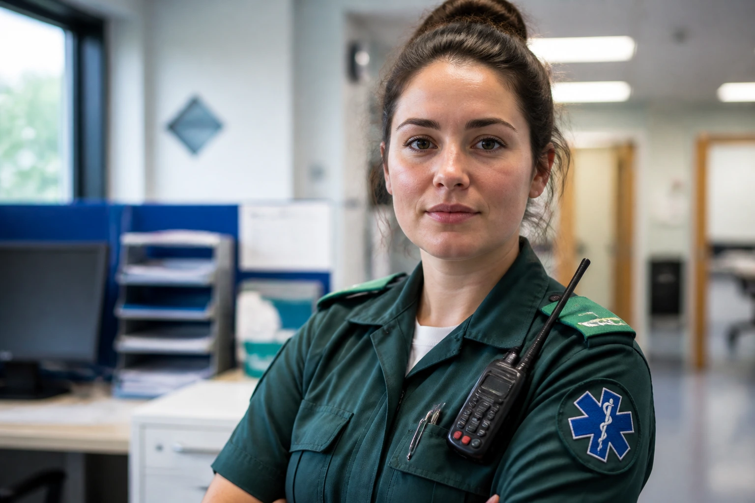 Paramedic portrait in a clinical corridor