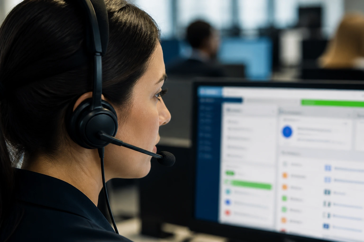 Close-up of a real call centre agent with headset and blurred CRM screen in an office