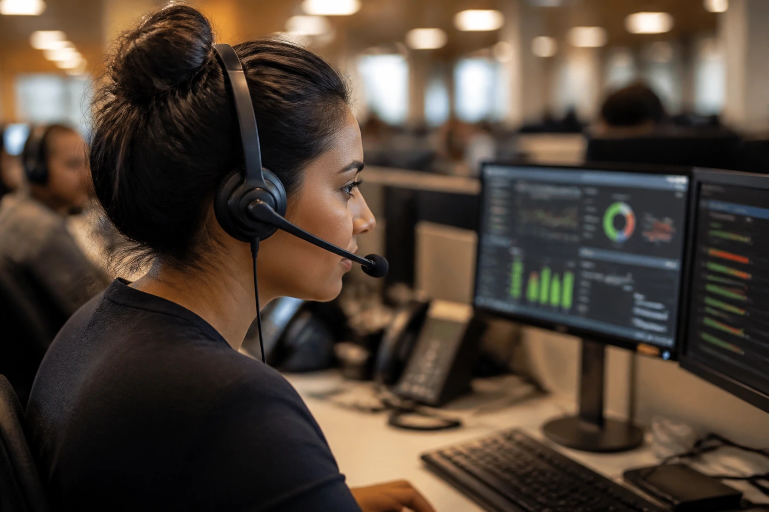 Real person wearing a headset in a busy call center with blurred queue monitors.