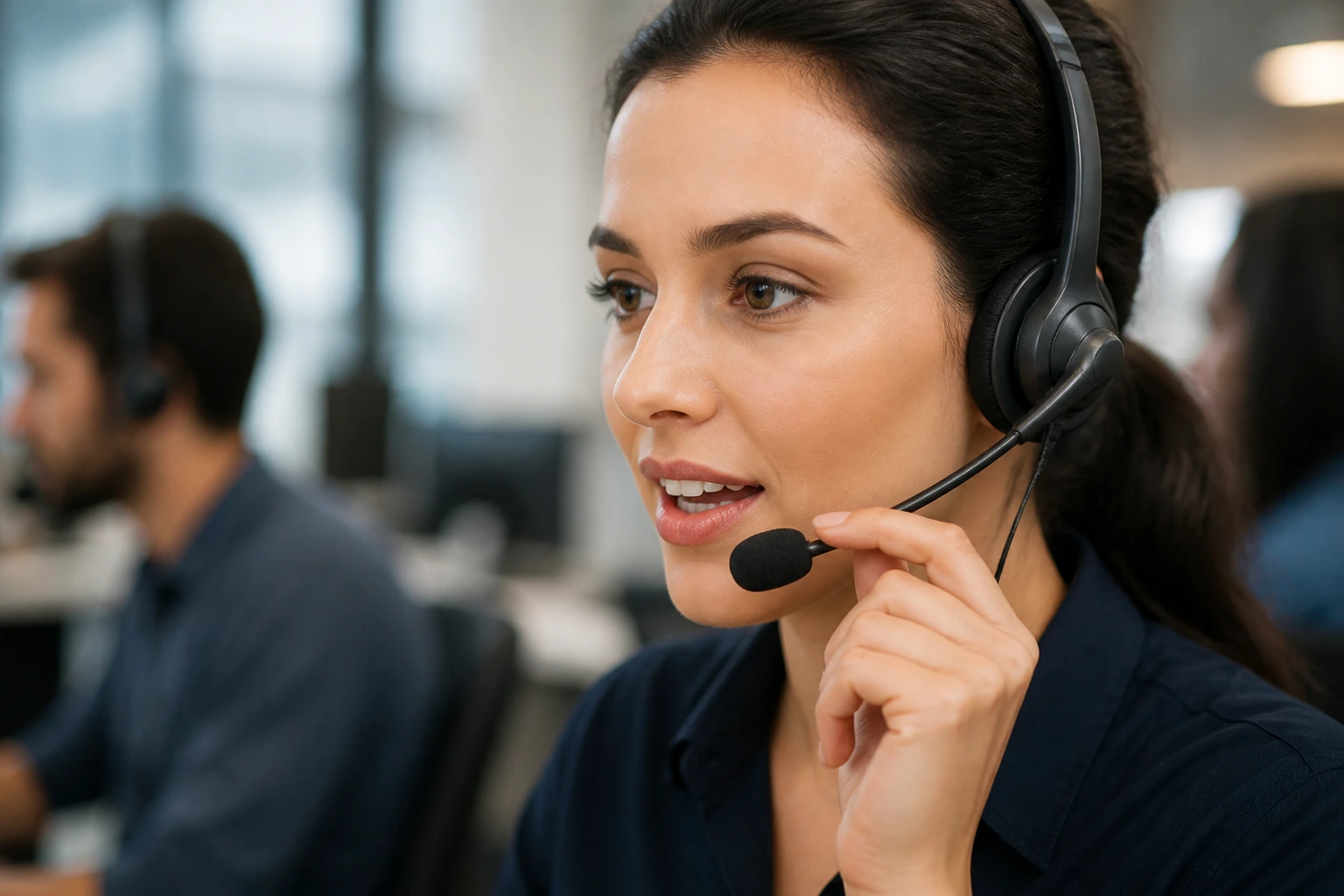 Call centre agent with headset speaking clearly