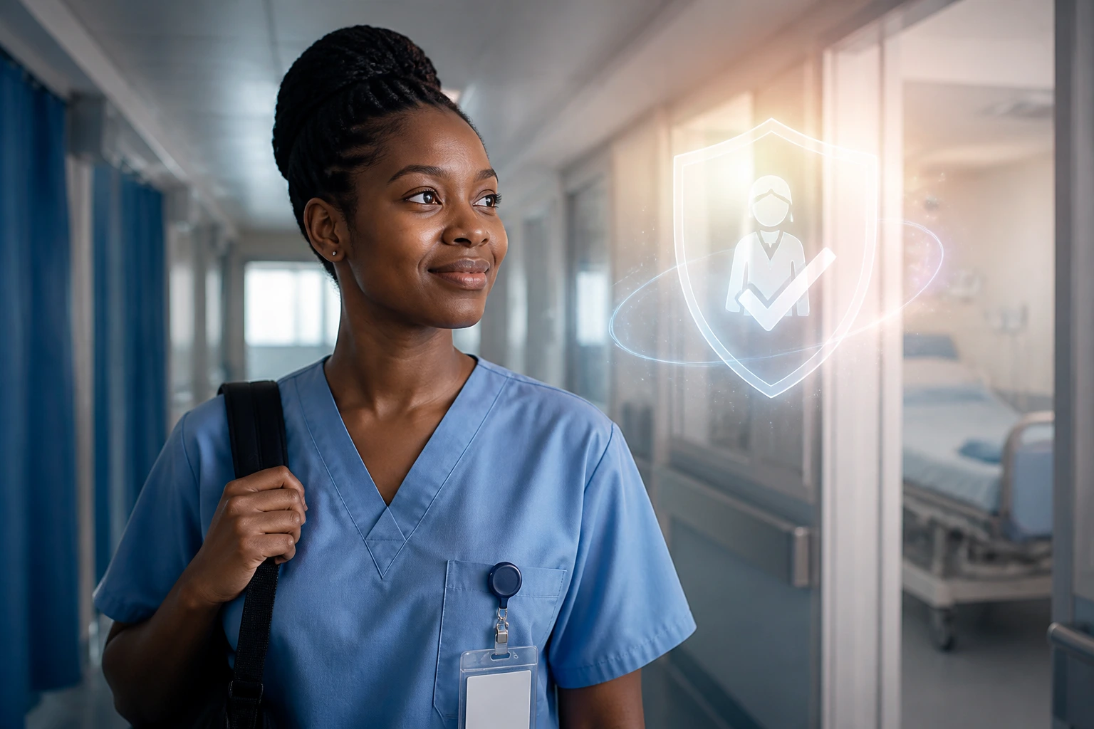Nurse in a hospital corridor with a soft glow indicating visa approval