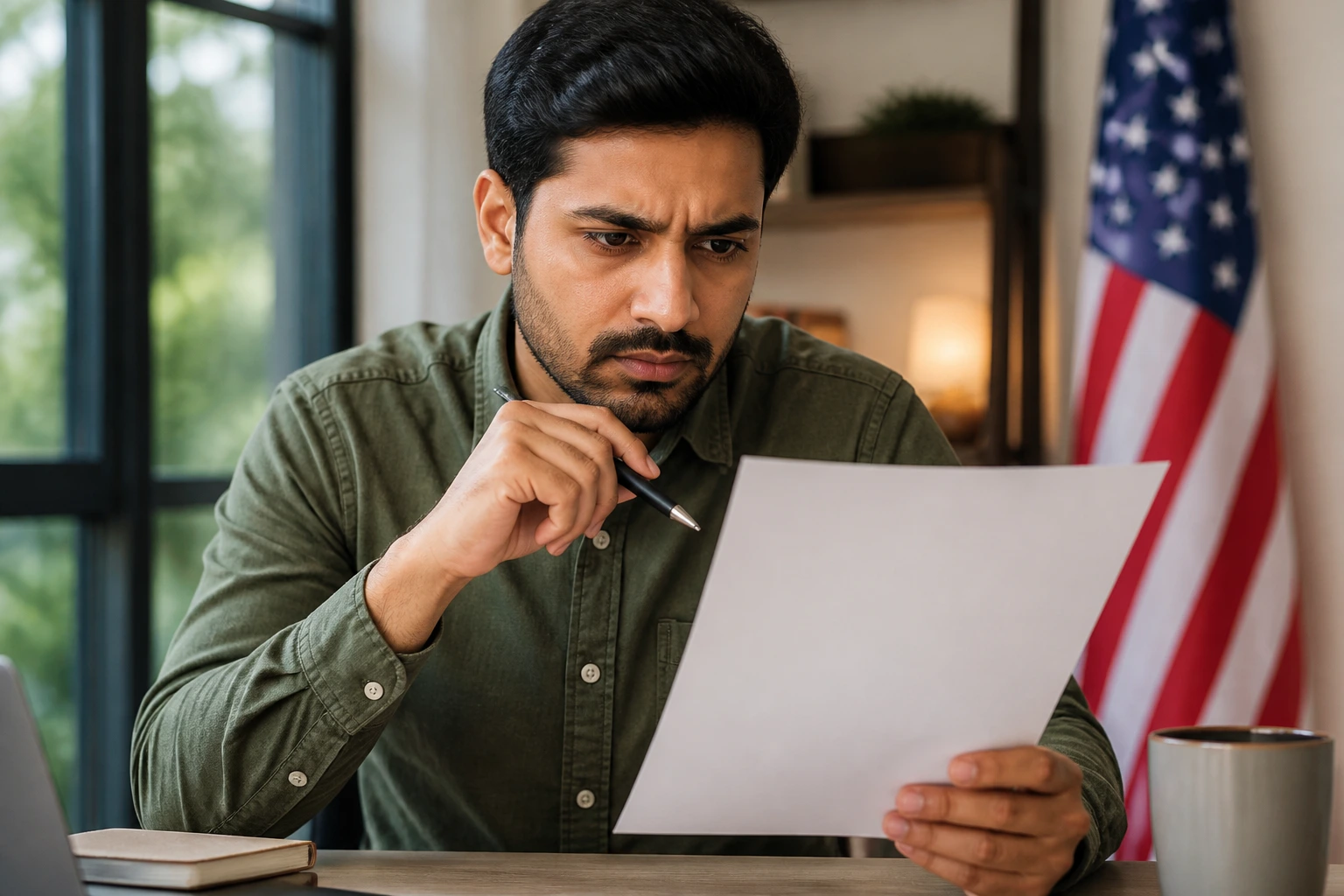 Close-up of a person reviewing a blank benefits document at a desk in a home office
