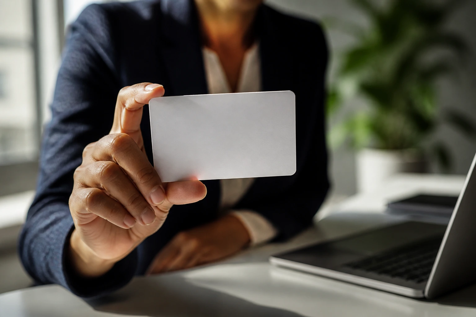 Close-up of a blank health insurance card held by a real person in an office