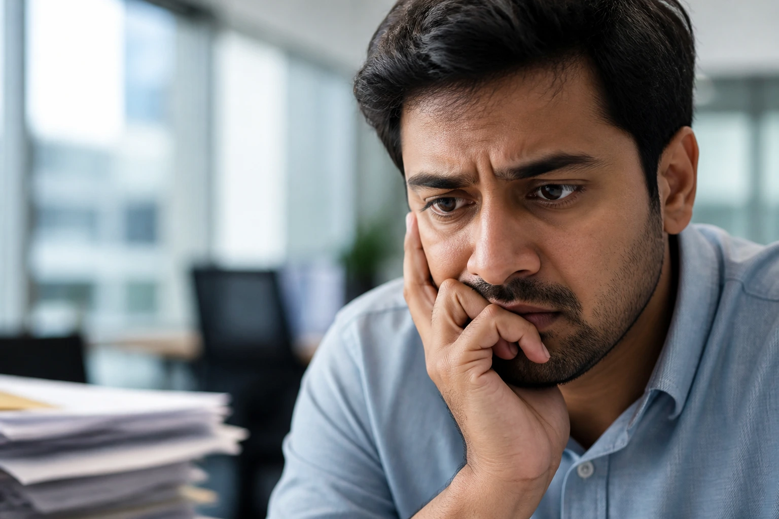 Close-up portrait of a worried visa-sponsored worker in an office, illustrating health insurance pitfalls