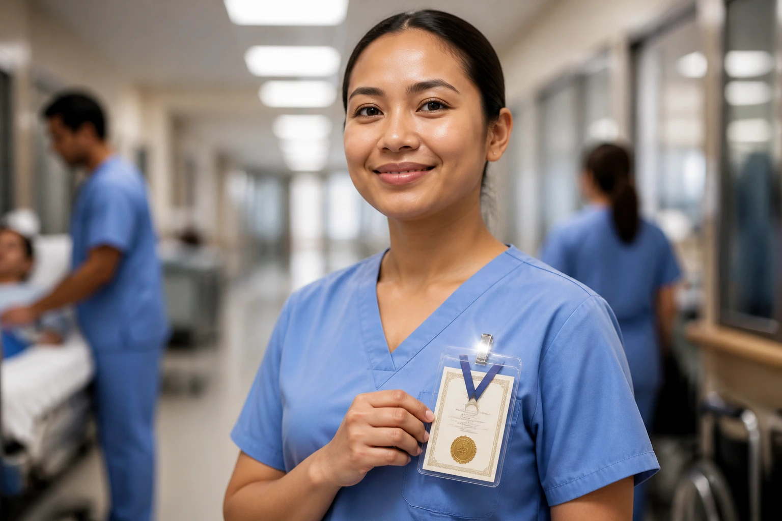 Confident hospital aide with credential badge in a corridor, symbolizing professional certificates
