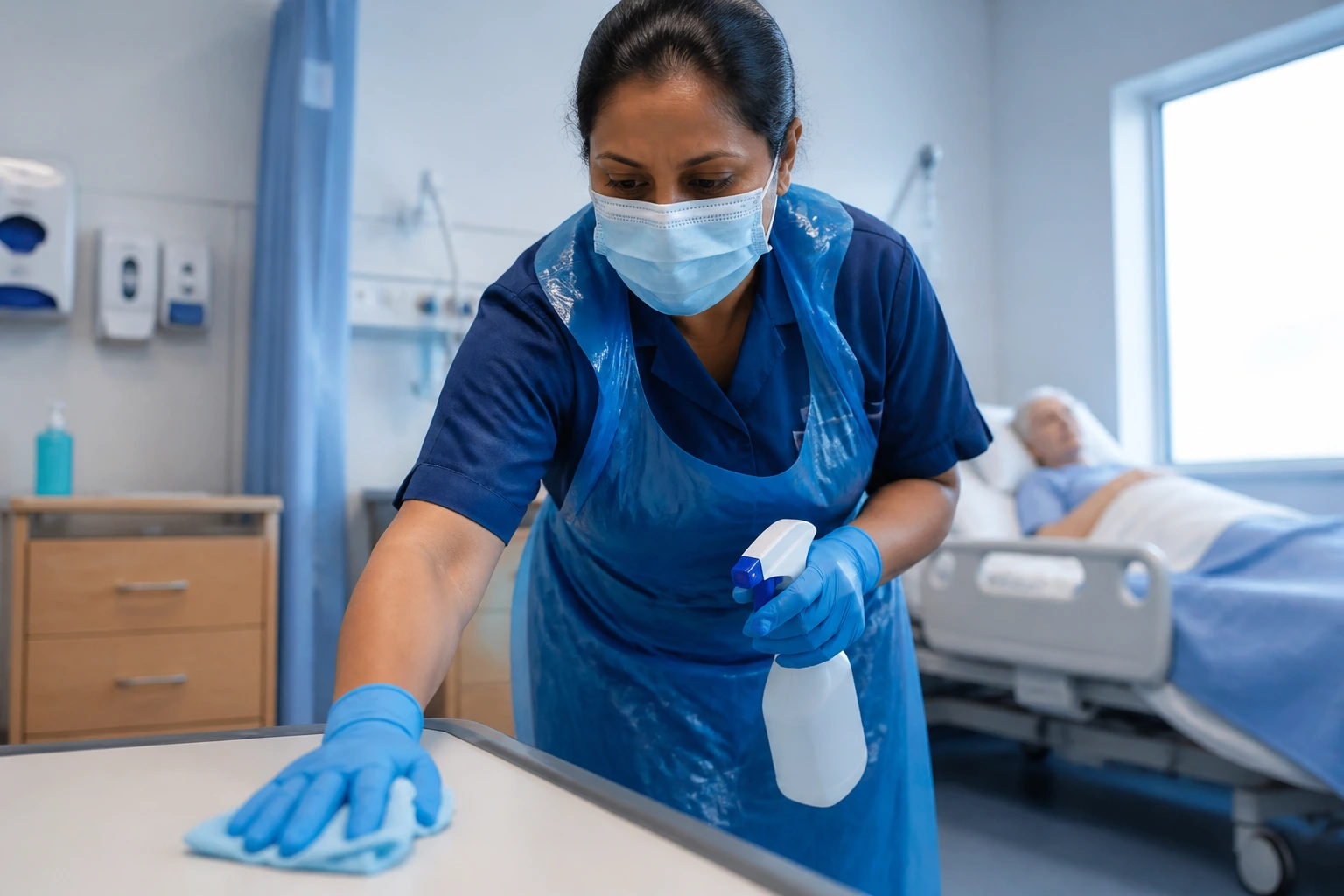Cleaner in blue PPE in a hospital ward illustrating healthcare cleaning role