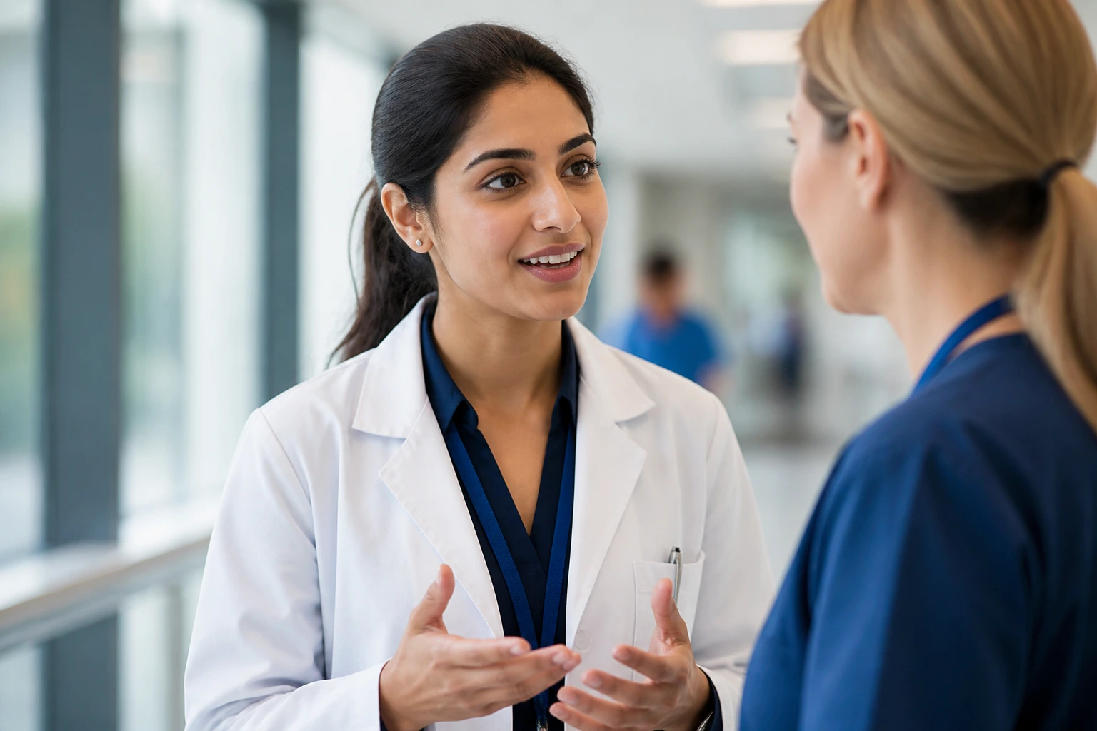 Pharmacist collaborating with a colleague in a hospital setting
