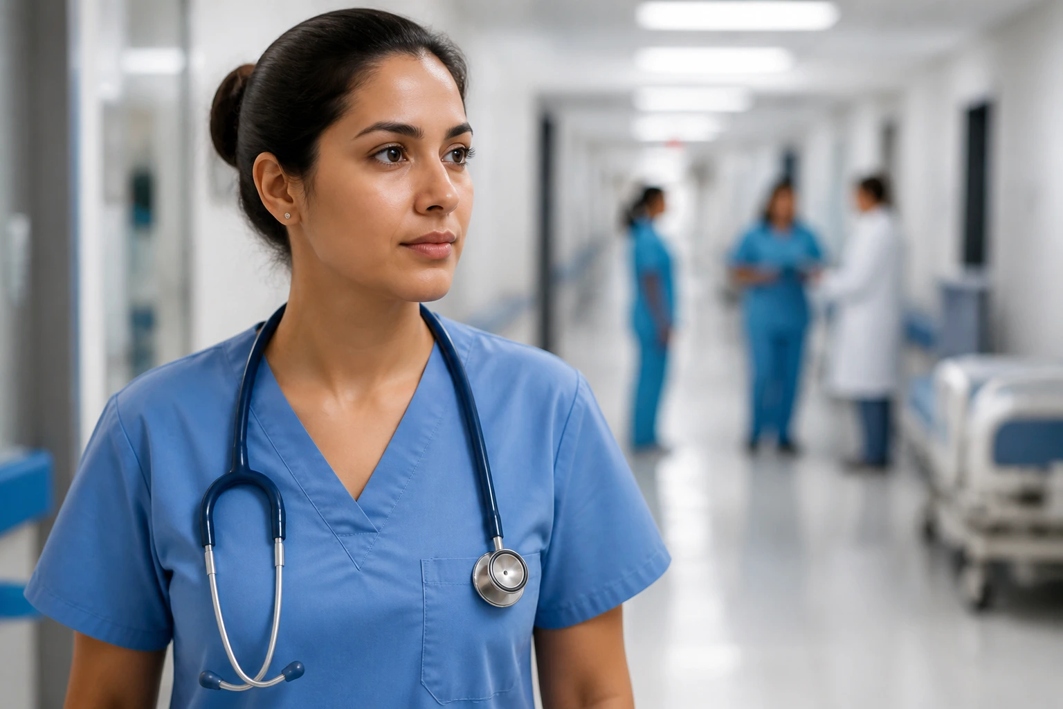 Nurse in scrubs in hospital corridor representing EB-3 healthcare roles