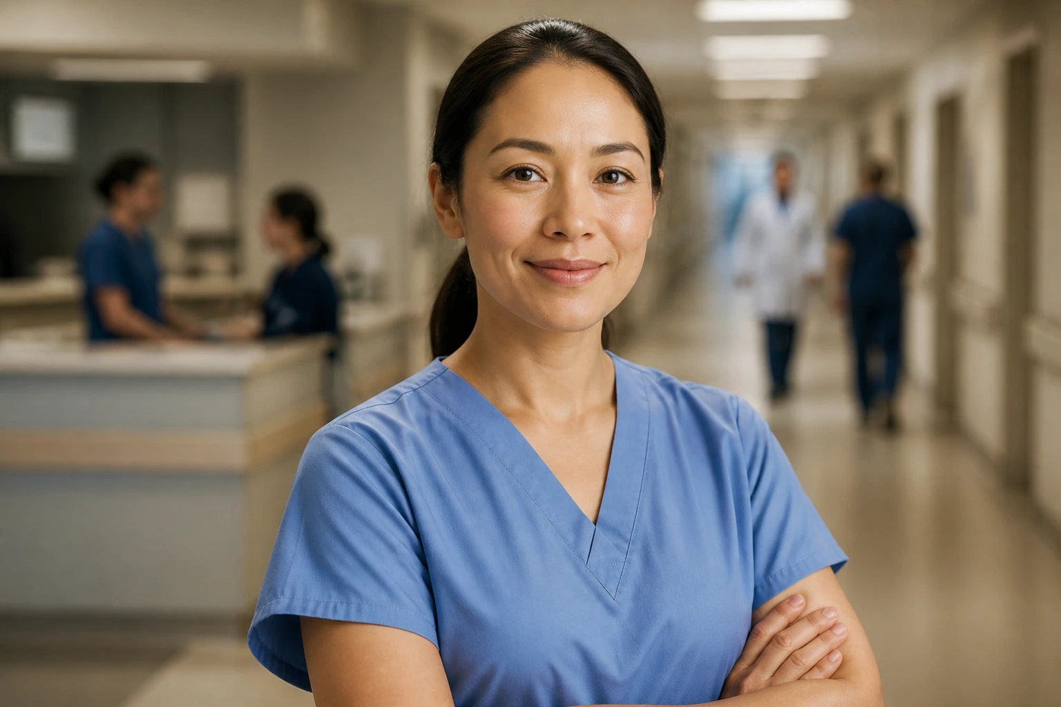 Portrait of a real healthcare worker in scrubs in a hospital corridor, symbolizing long-term career growth in Canada's healthcare sector.