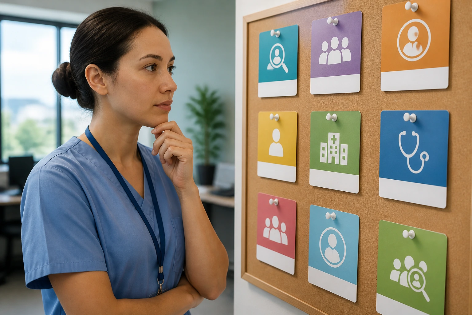 Healthcare worker reviews a wall of color-coded job postings in a hospital setting