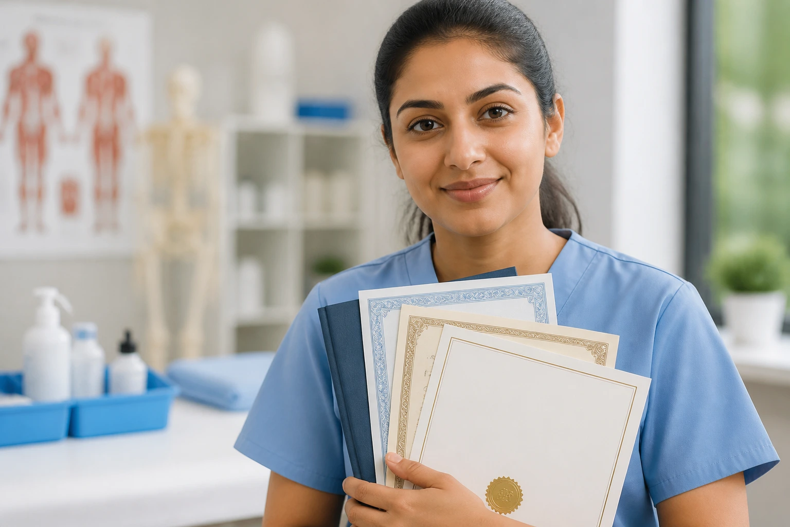 Portrait of a healthcare worker in a clinic symbolizing qualifications and credentials.