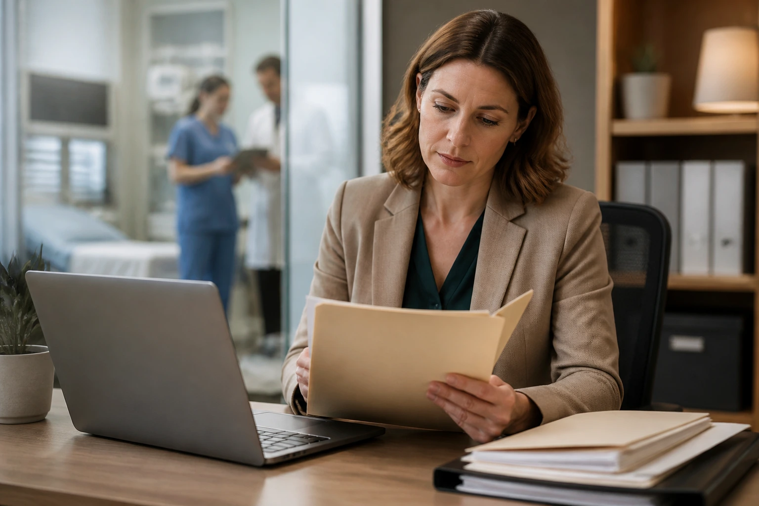 HR professional in a healthcare office evaluating sponsorship options