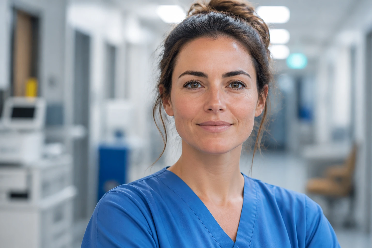 Portrait of a nurse in scrubs in a hospital corridor, highlighting healthcare sponsorship demand.