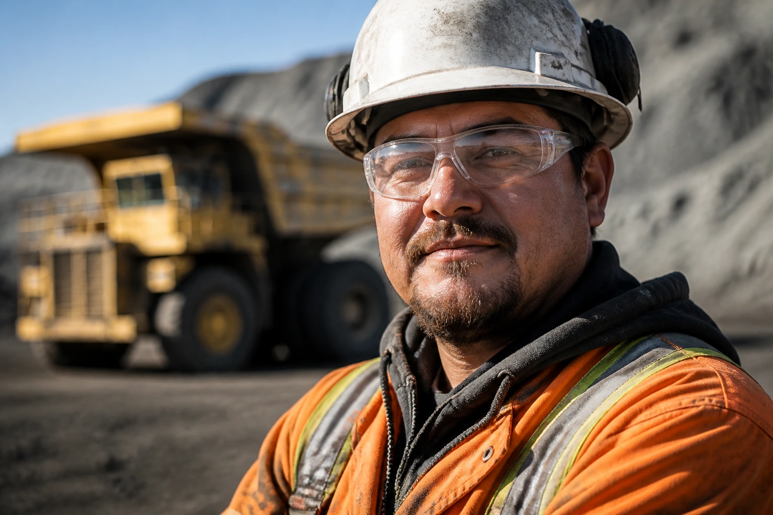 Close-up portrait of a Heavy Duty Equipment Technician in safety gear on a mining site.