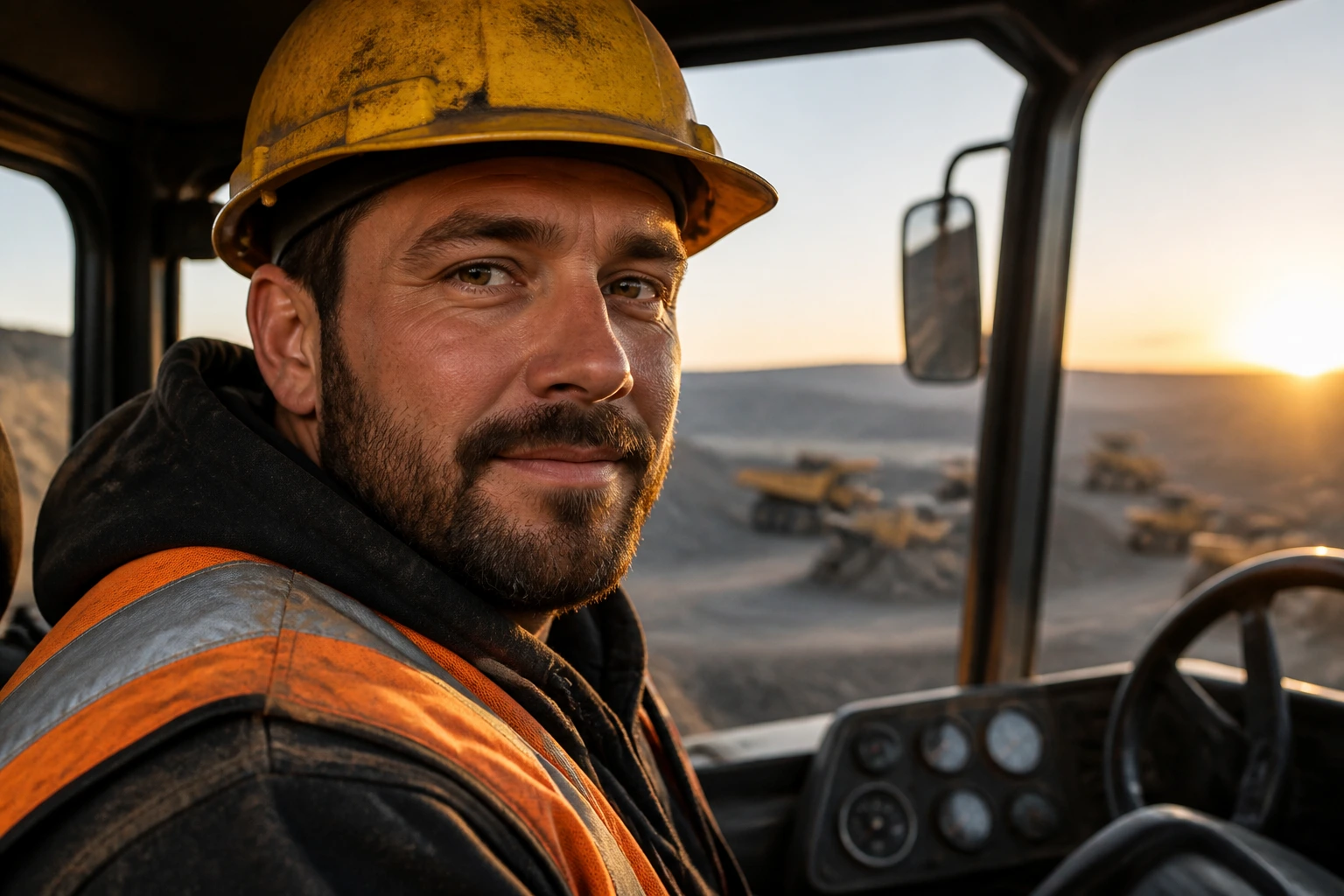 Close-up portrait of a real heavy equipment operator in a haul truck cabin at dawn, contemplative and ready for work.