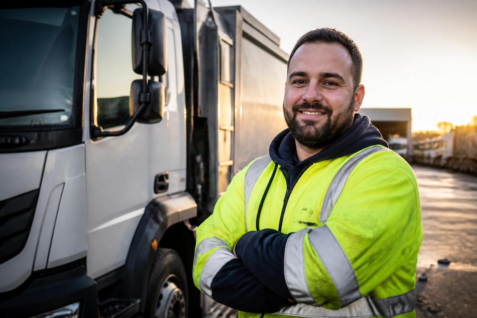 Waste truck driver in hi-vis gear beside a heavy truck at a depot