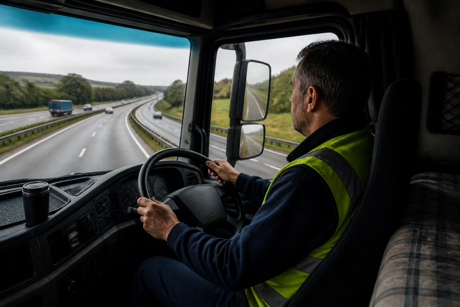 HGV driver inside cab on UK motorways, focused on driving