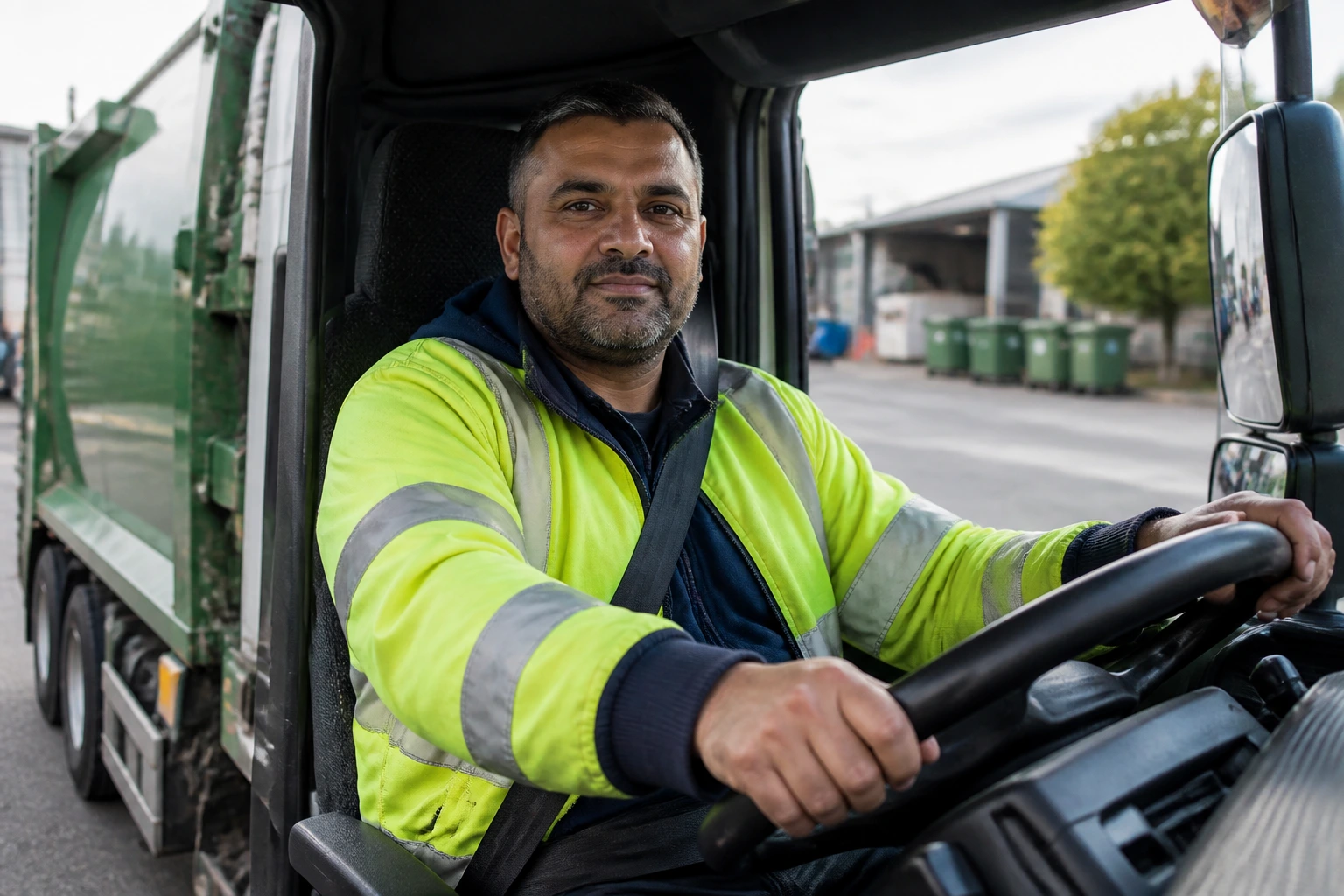 HGV refuse driver in the cab of a waste truck