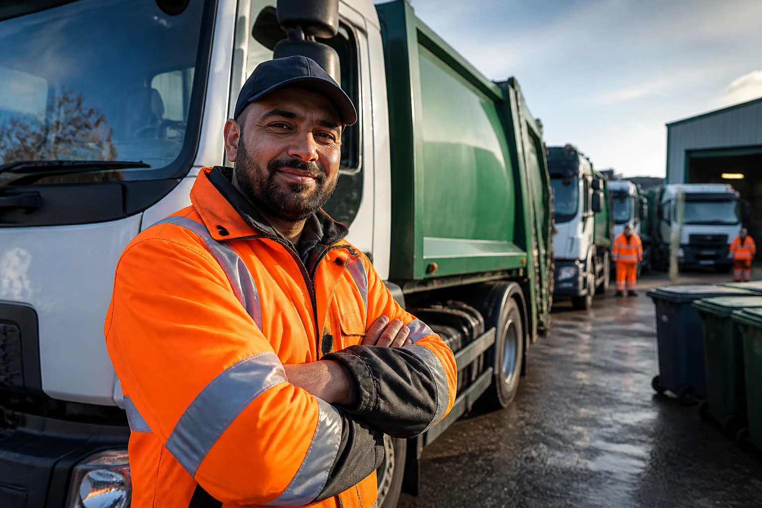 Close-up of a real HGV refuse driver in hi-vis beside a refuse truck at a depot