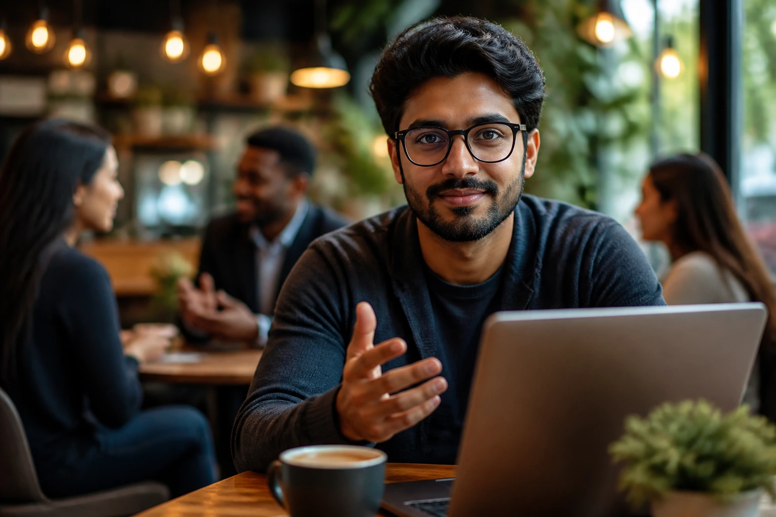 Portrait of a professional in a coffee shop, with blurred background suggesting networking context.