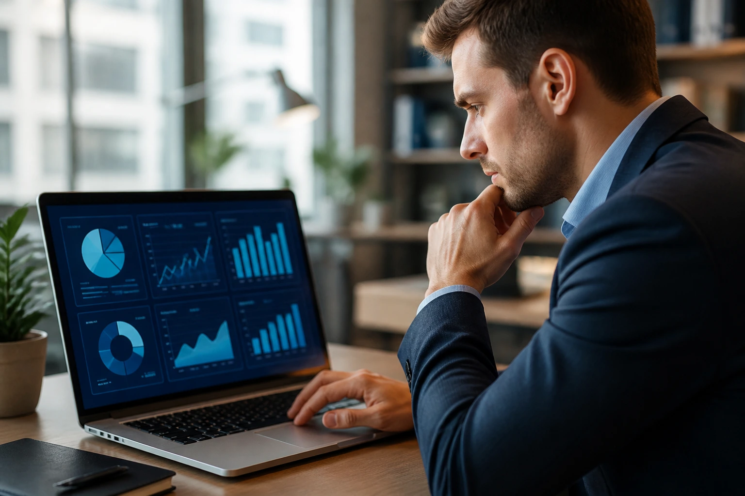 Professional analyzing data on a laptop in a calm office setting
