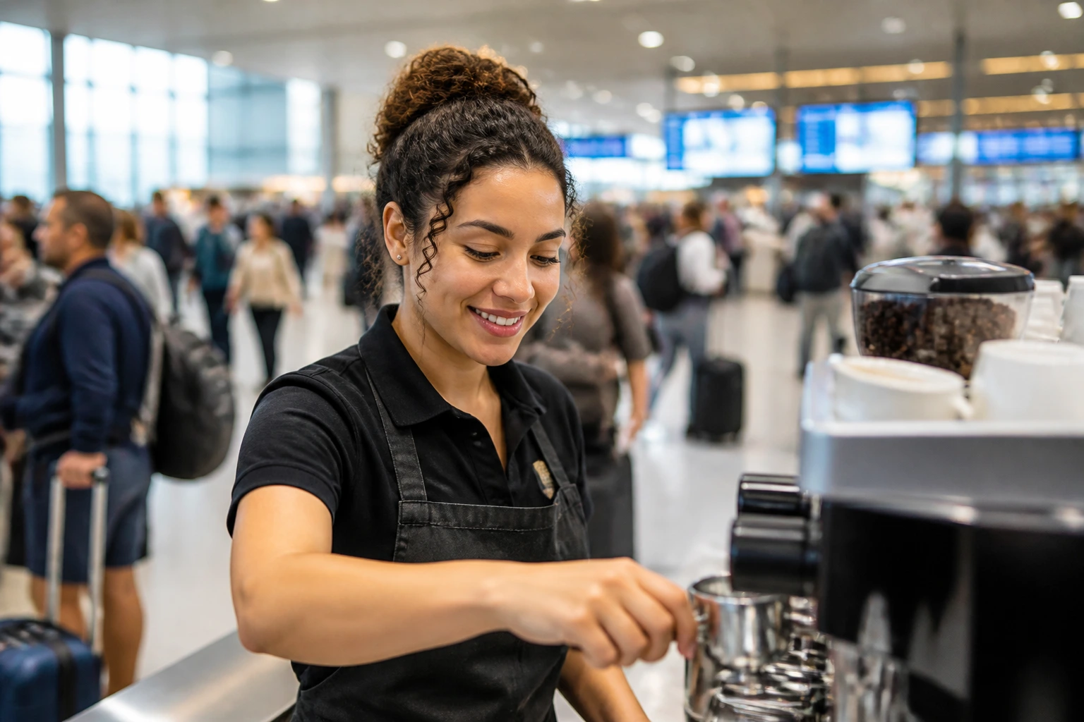 Barista at a busy airport/campus coffee counter
