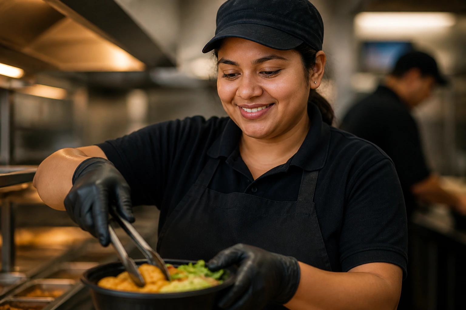 Food service worker demonstrating high-volume service skills