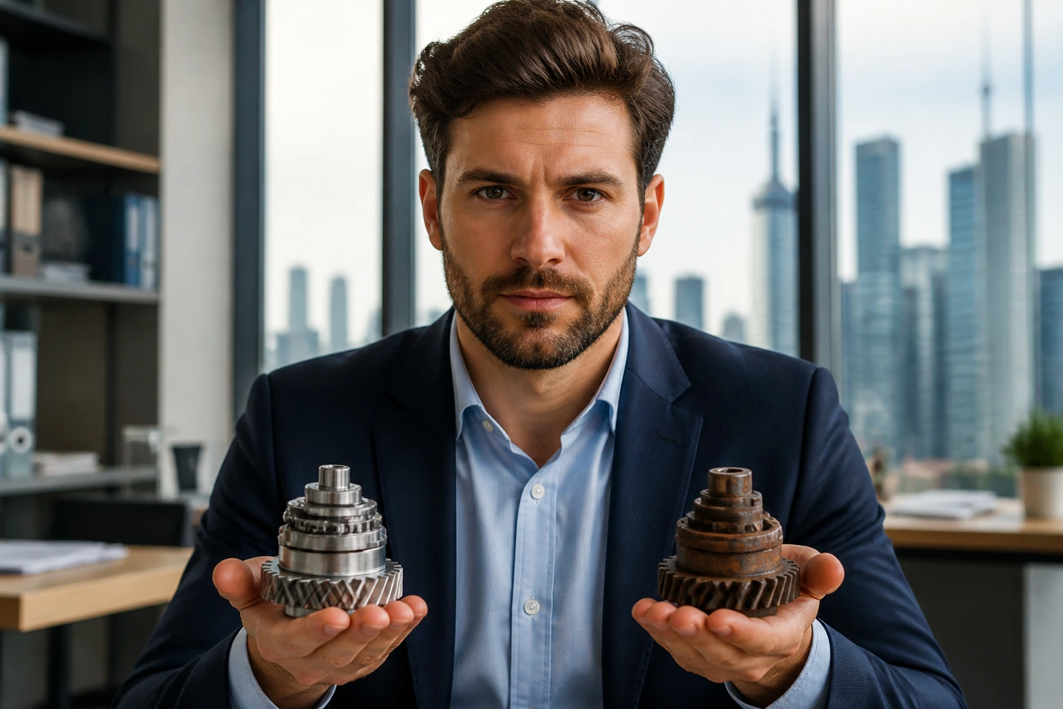 Close-up portrait of a mechanical engineer in a modern office with city view.