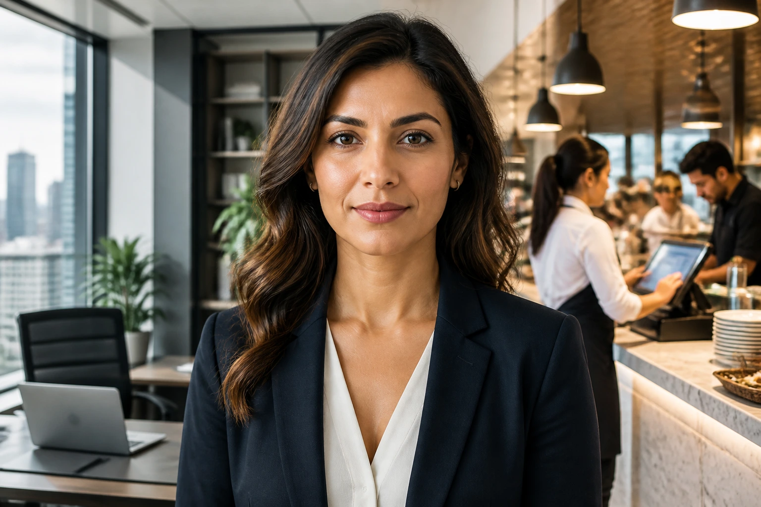 Portrait illustrating high-wage vs low-wage positions with office and service backgrounds