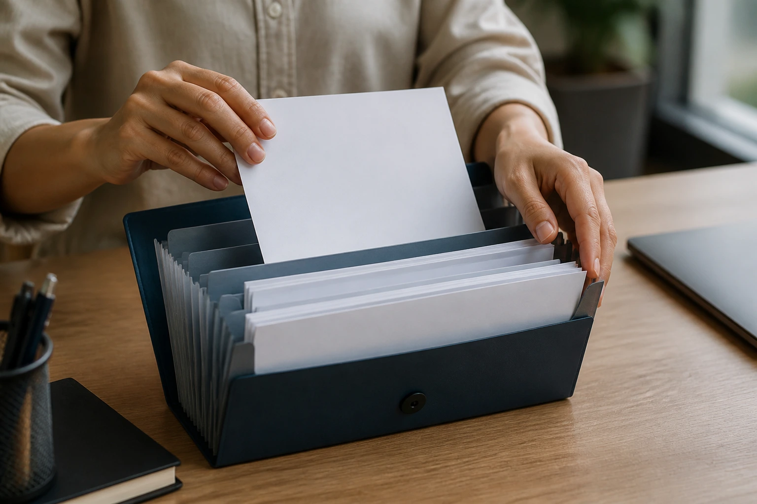 Hands organizing a folder with documents on a desk in a professional setting