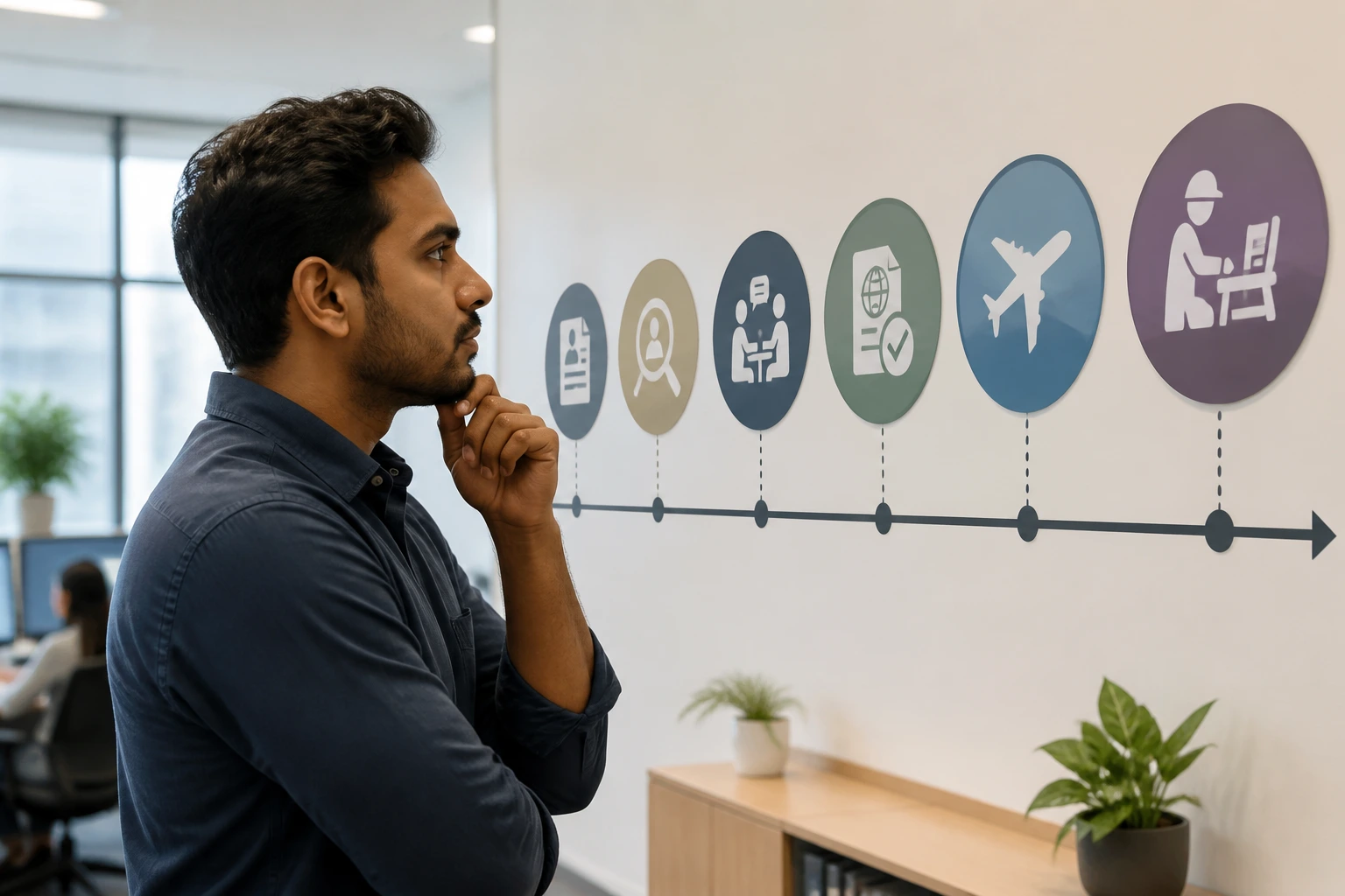 Candidate viewing an immigration timeline on a wall in an office