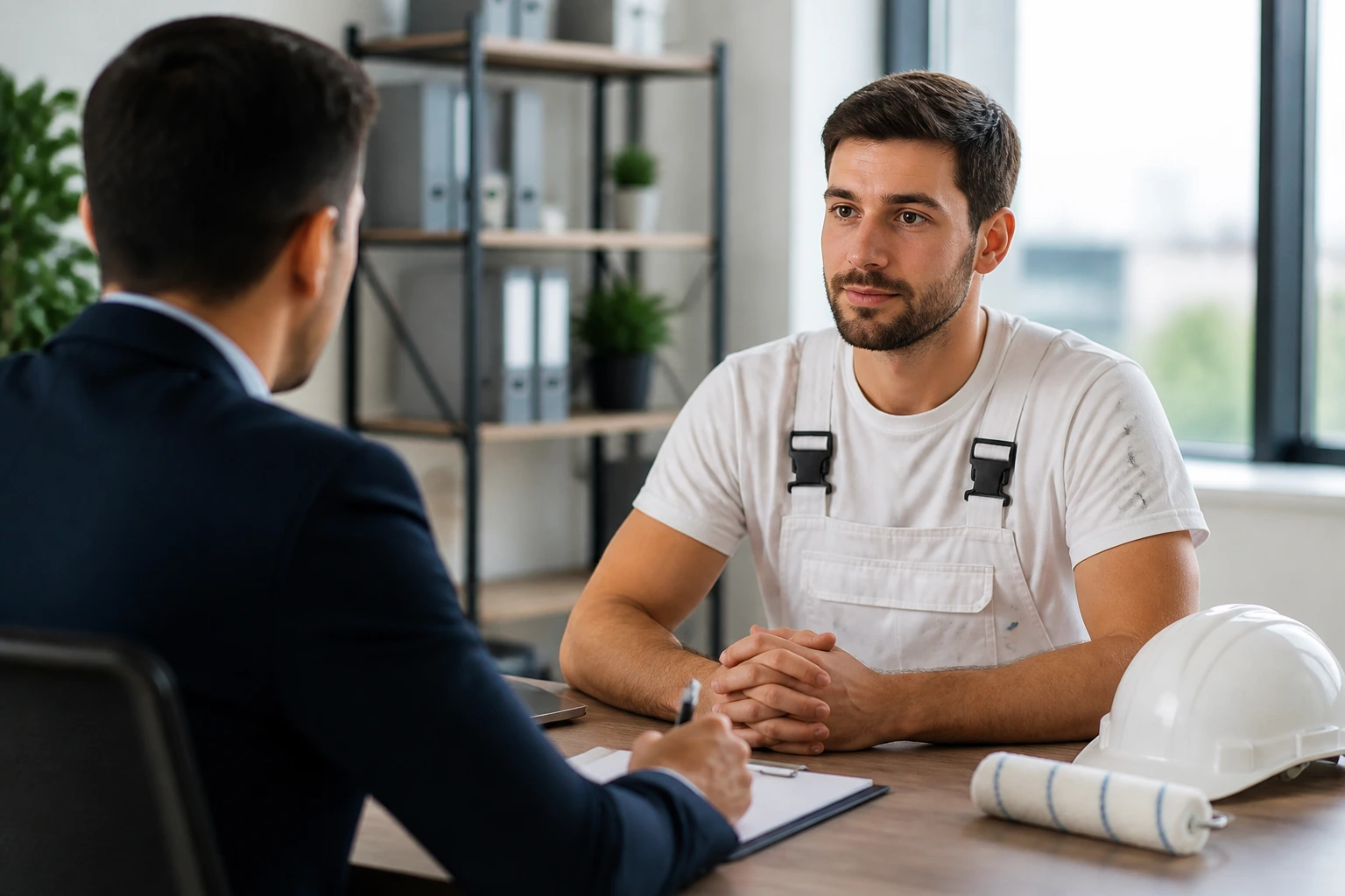 Portrait of painter in interview setting across desk in office